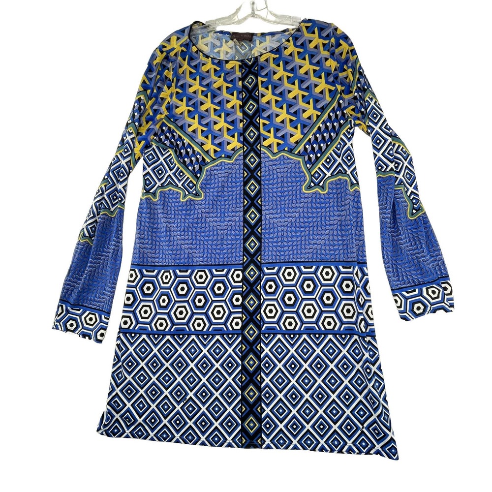 Hale Bob Sheath Dress Womens Large Blue Yellow Geometric Boho